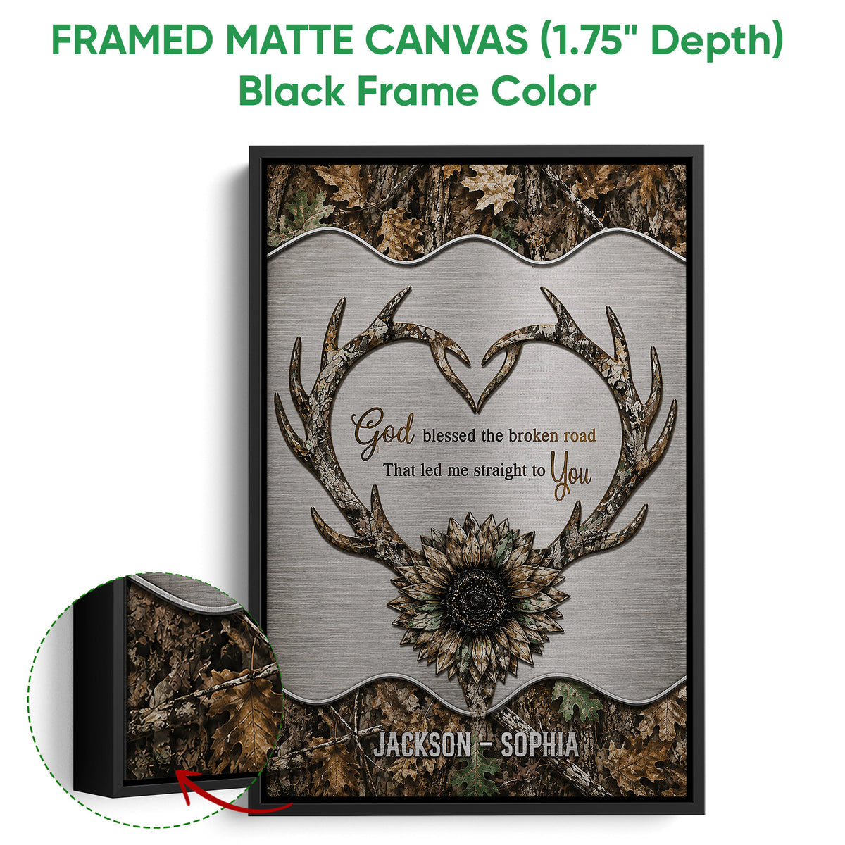 Black framed canvas hunting wall art with camouflage antlers, sunflower and rustic outdoor artwork
