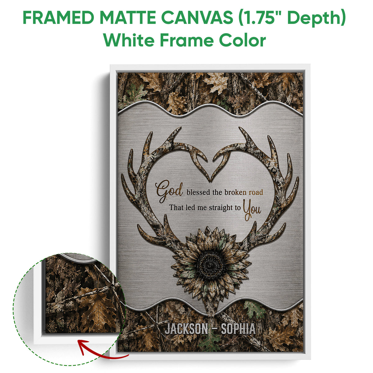 White framed canvas hunting wall art with camouflage antlers, sunflower and faith-inspired design