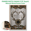 Natural wood framed hunting wall art with camouflage antlers, sunflower and rustic cabin style