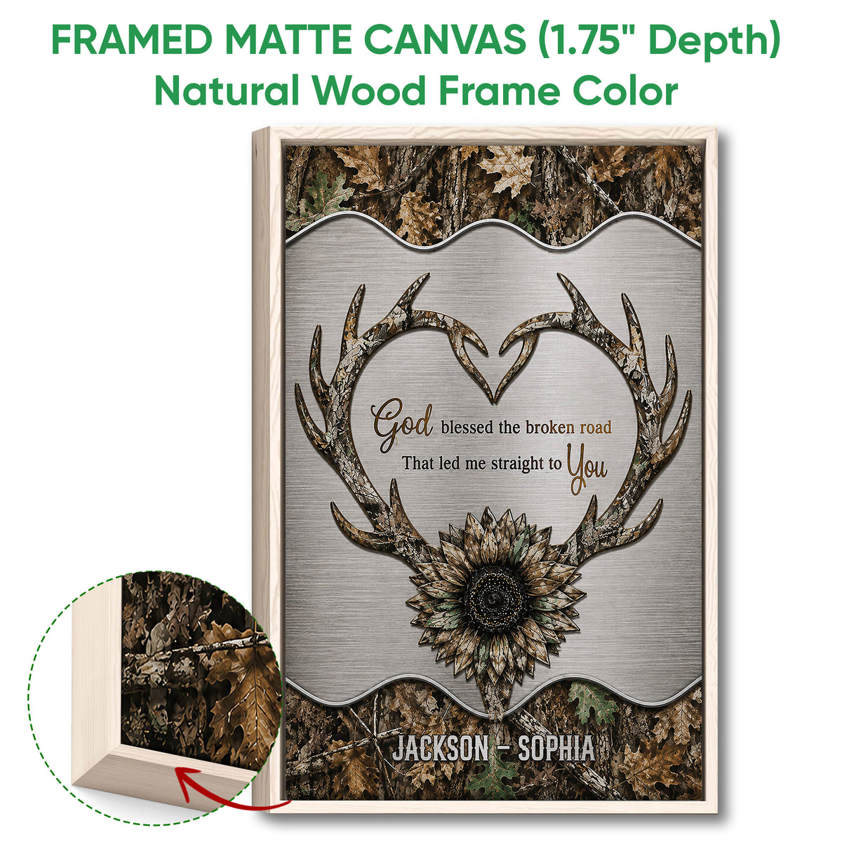 Natural wood framed hunting wall art with camouflage antlers, sunflower and rustic cabin style