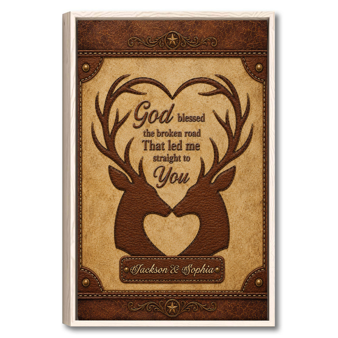 Framed hunting wall art featuring two deer with antlers forming a heart around a faith-inspired message