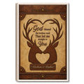 Framed hunting wall art featuring two deer with antlers forming a heart around a faith-inspired message