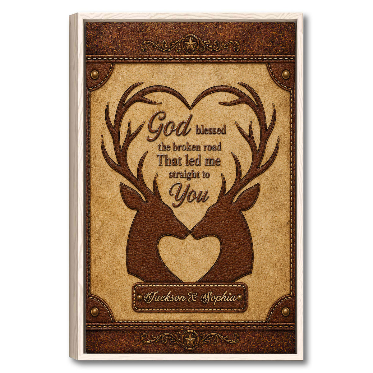 Framed hunting wall art featuring two deer with antlers forming a heart around a faith-inspired message