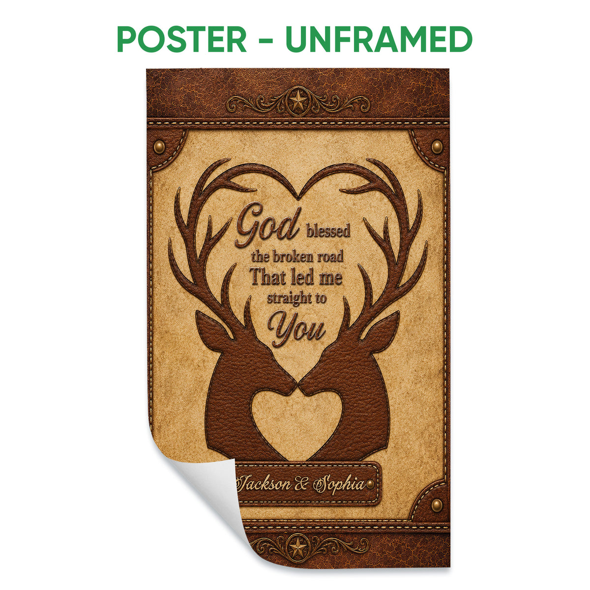 Unframed hunting poster featuring two deer, heart-shaped antlers, and rustic brown leather-style details