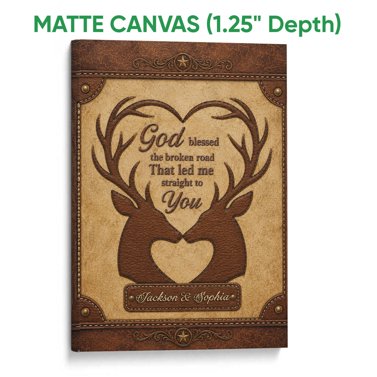 Matte canvas wall art featuring a rustic deer couple design with antlers, hearts, and warm brown tones