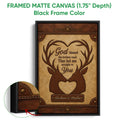 Black framed canvas hunting wall art with two deer, heart-shaped antlers, and a detailed rustic border
