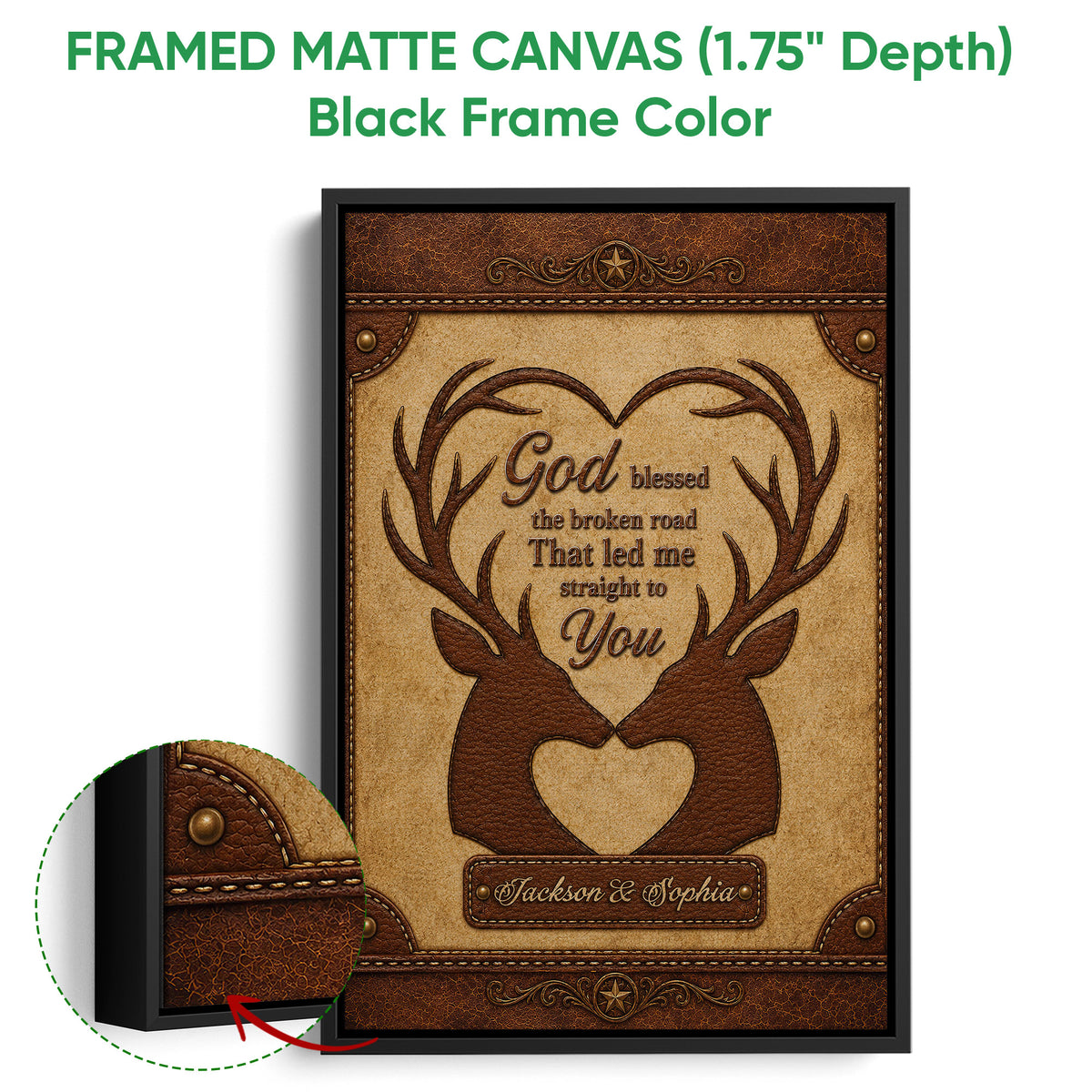 Black framed canvas hunting wall art with two deer, heart-shaped antlers, and a detailed rustic border