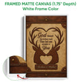 White framed canvas wall art featuring a deer couple design with antlers, hearts, and a warm rustic palette