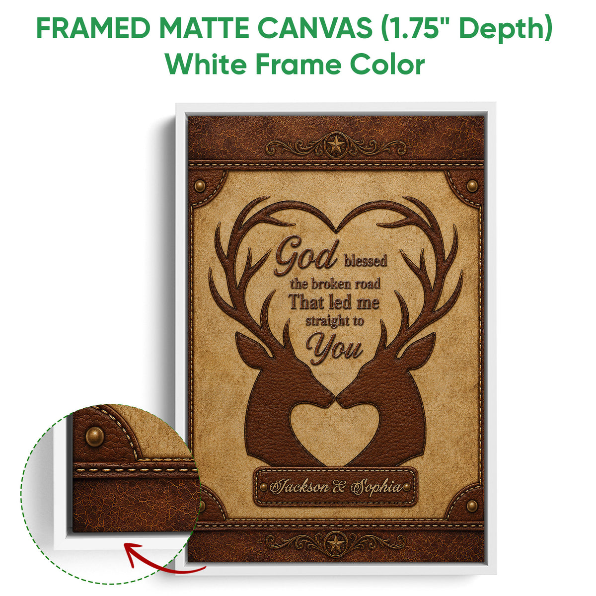 White framed canvas wall art featuring a deer couple design with antlers, hearts, and a warm rustic palette