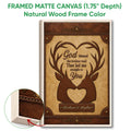 Natural wood framed hunting wall art featuring two deer, ornate antlers, and a rustic Western-inspired border