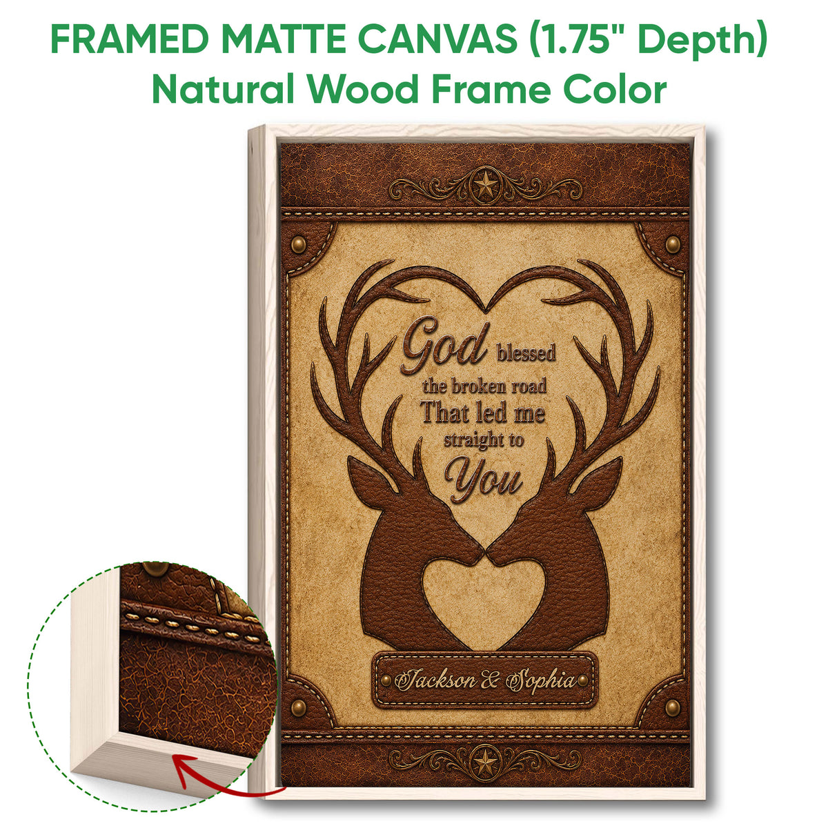 Natural wood framed hunting wall art featuring two deer, ornate antlers, and a rustic Western-inspired border