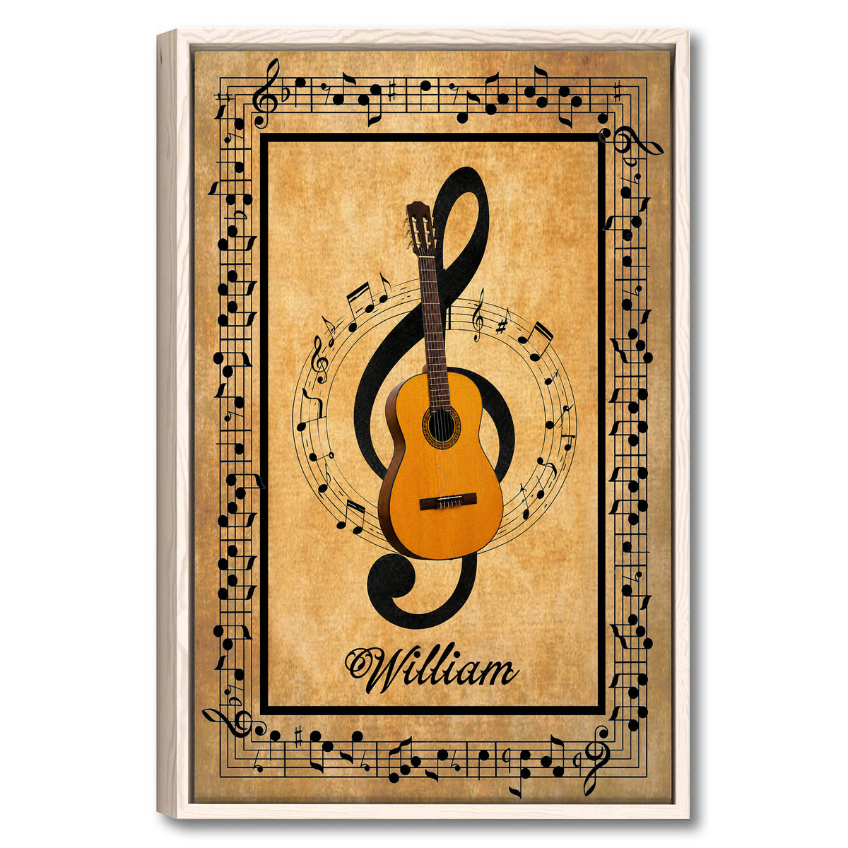 Framed guitar wall art with musical notes, a large treble clef, and warm vintage-inspired tones