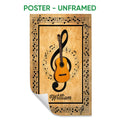 Unframed guitar poster featuring musical notes, a treble clef, and a warm tan background