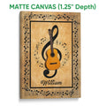 Matte canvas guitar wall art with musical notation, black accents, and a warm tan design