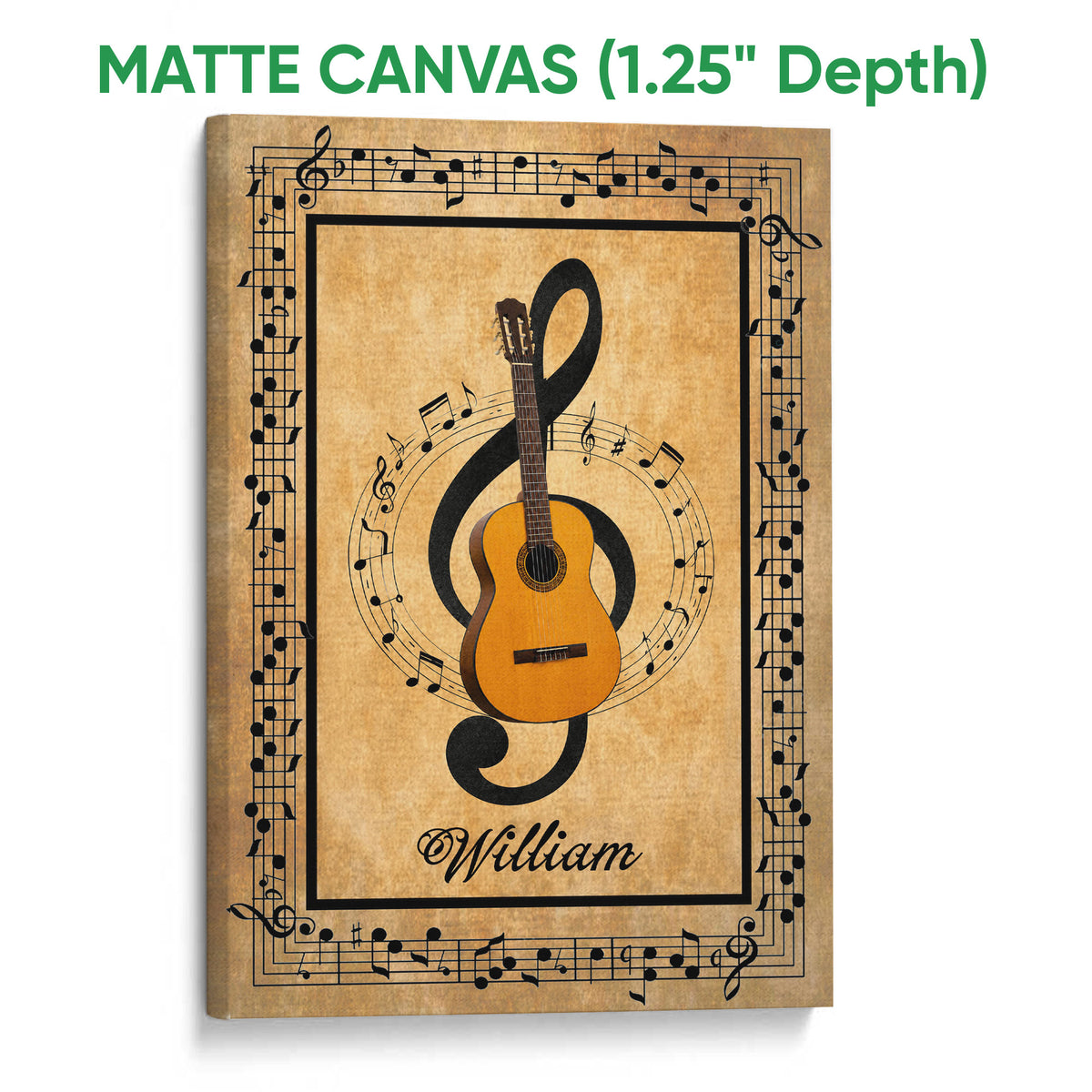 Matte canvas guitar wall art with musical notation, black accents, and a warm tan design