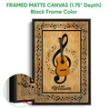 Framed guitar canvas wall art shown with a black frame and detailed musical note border