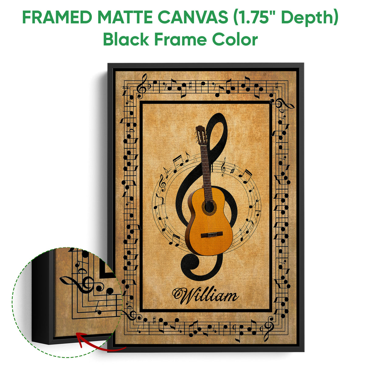 Framed guitar canvas wall art shown with a black frame and detailed musical note border