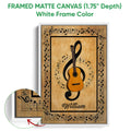 Framed guitar canvas wall art shown with a white frame and surrounding musical notation
