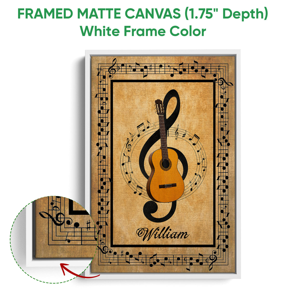 Framed guitar canvas wall art shown with a white frame and surrounding musical notation