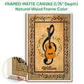 Framed guitar canvas wall art shown with a natural wood frame and music note details