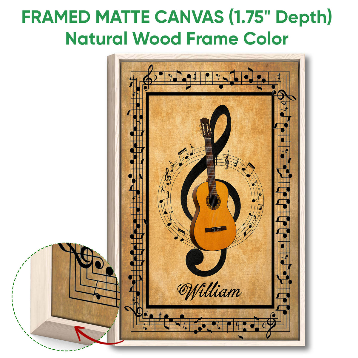 Framed guitar canvas wall art shown with a natural wood frame and music note details