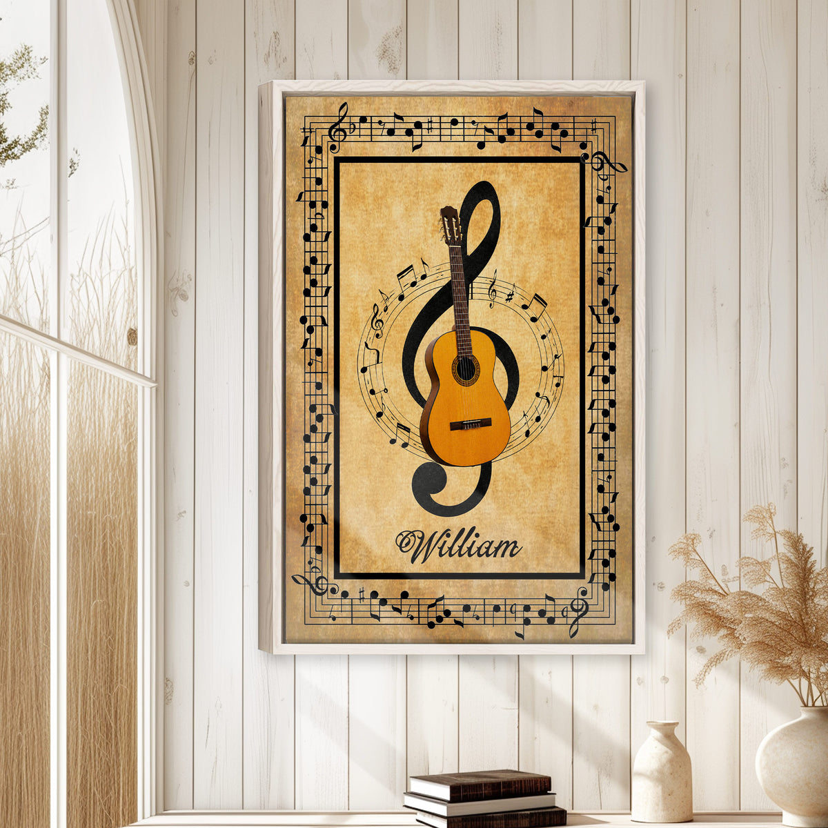 Guitar wall art displayed in a bright room with white wood paneling and natural decor