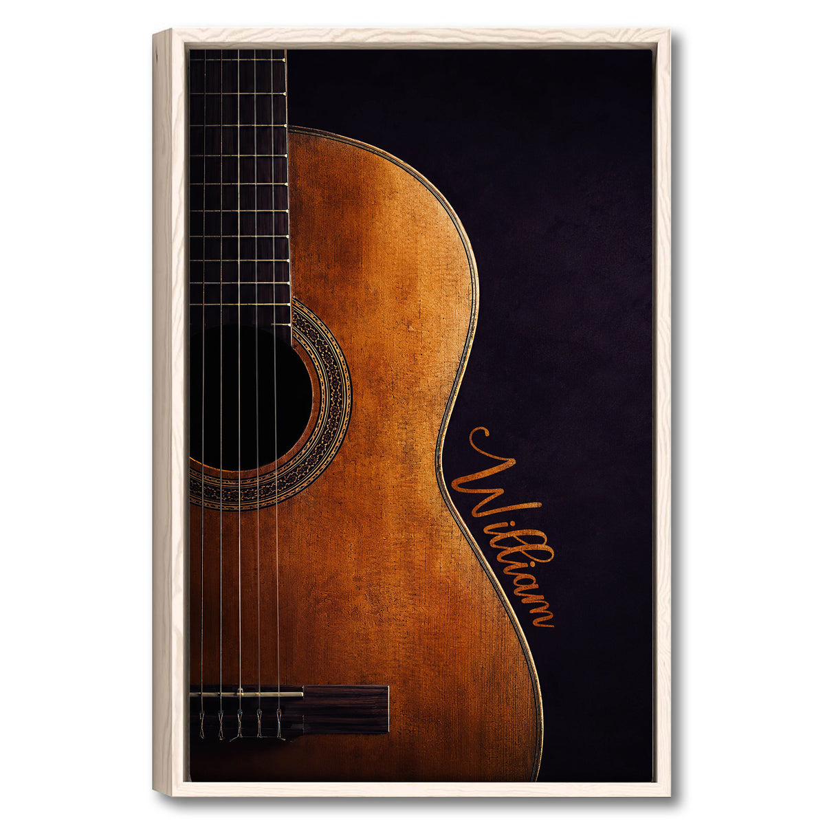 Framed guitar wall art featuring a close-up acoustic guitar in warm brown and black tones