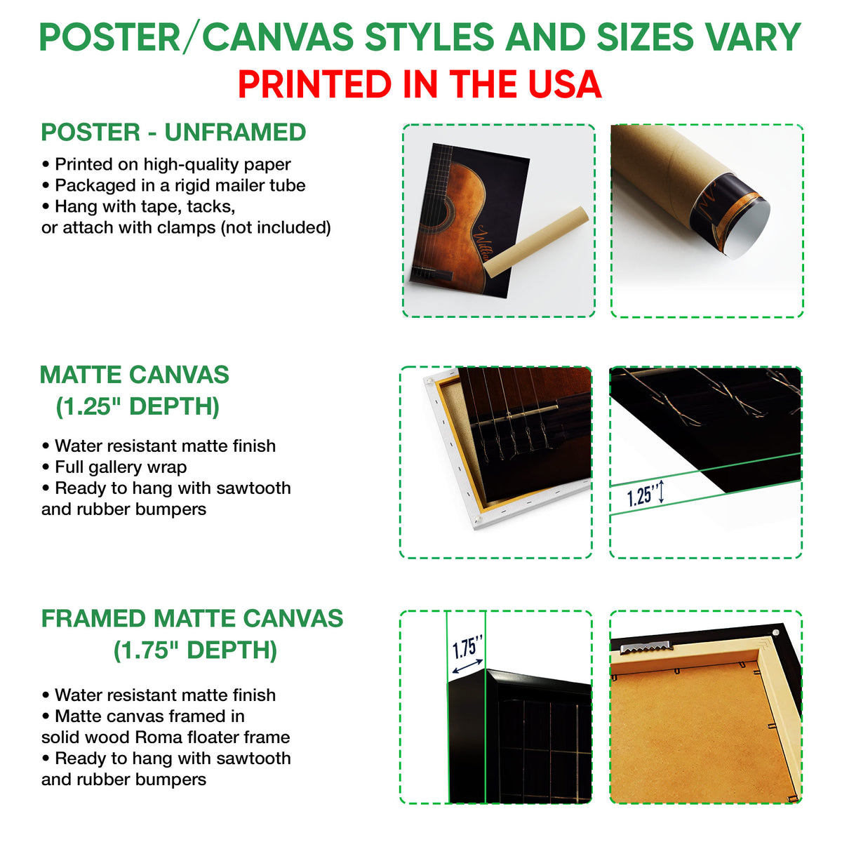Poster and canvas wall art option guide showing guitar artwork in unframed and framed formats