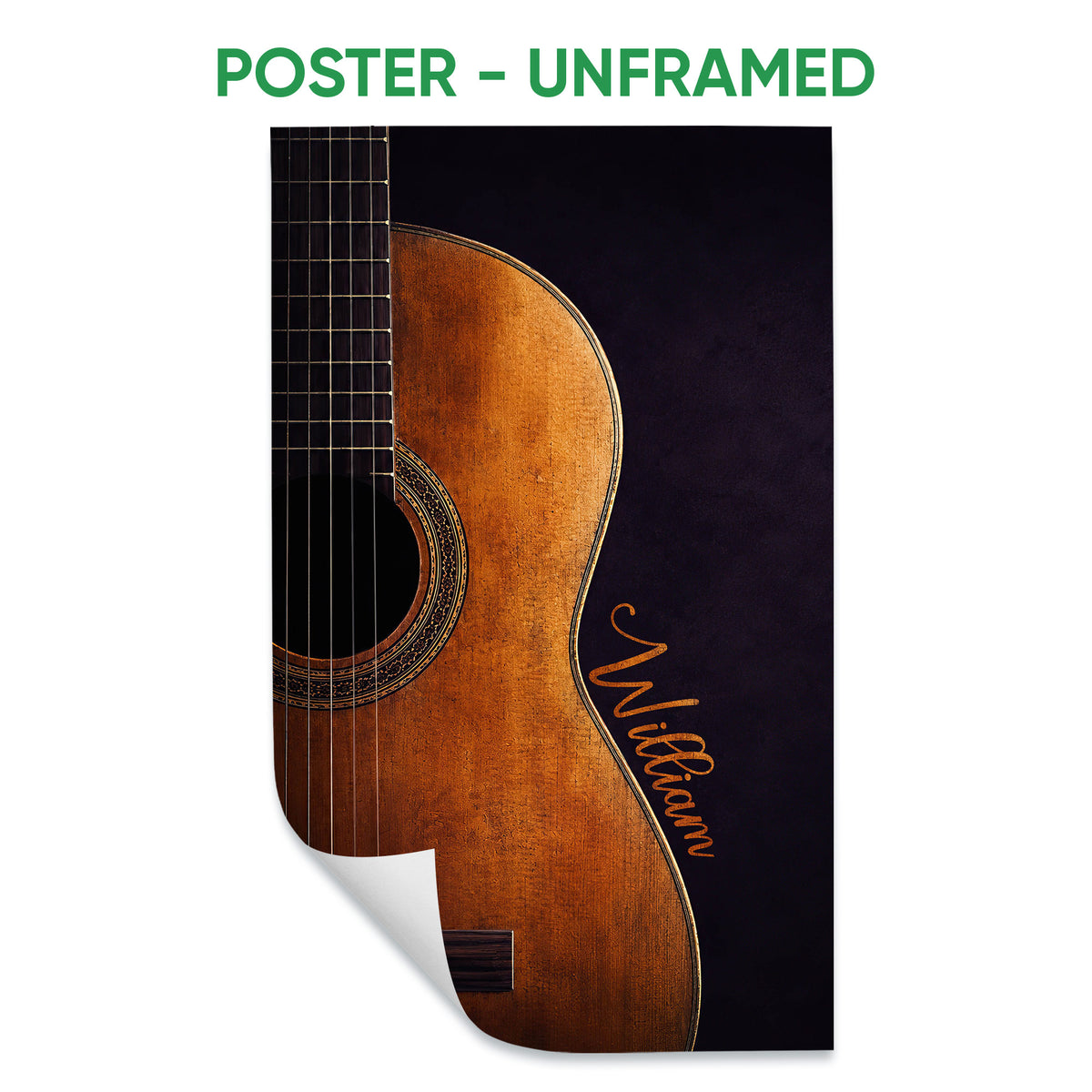 Unframed poster featuring a close-up acoustic guitar with warm wood tones and a dark background