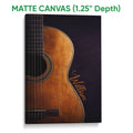 Matte canvas wall art featuring detailed acoustic guitar strings, wood grain and a dark background