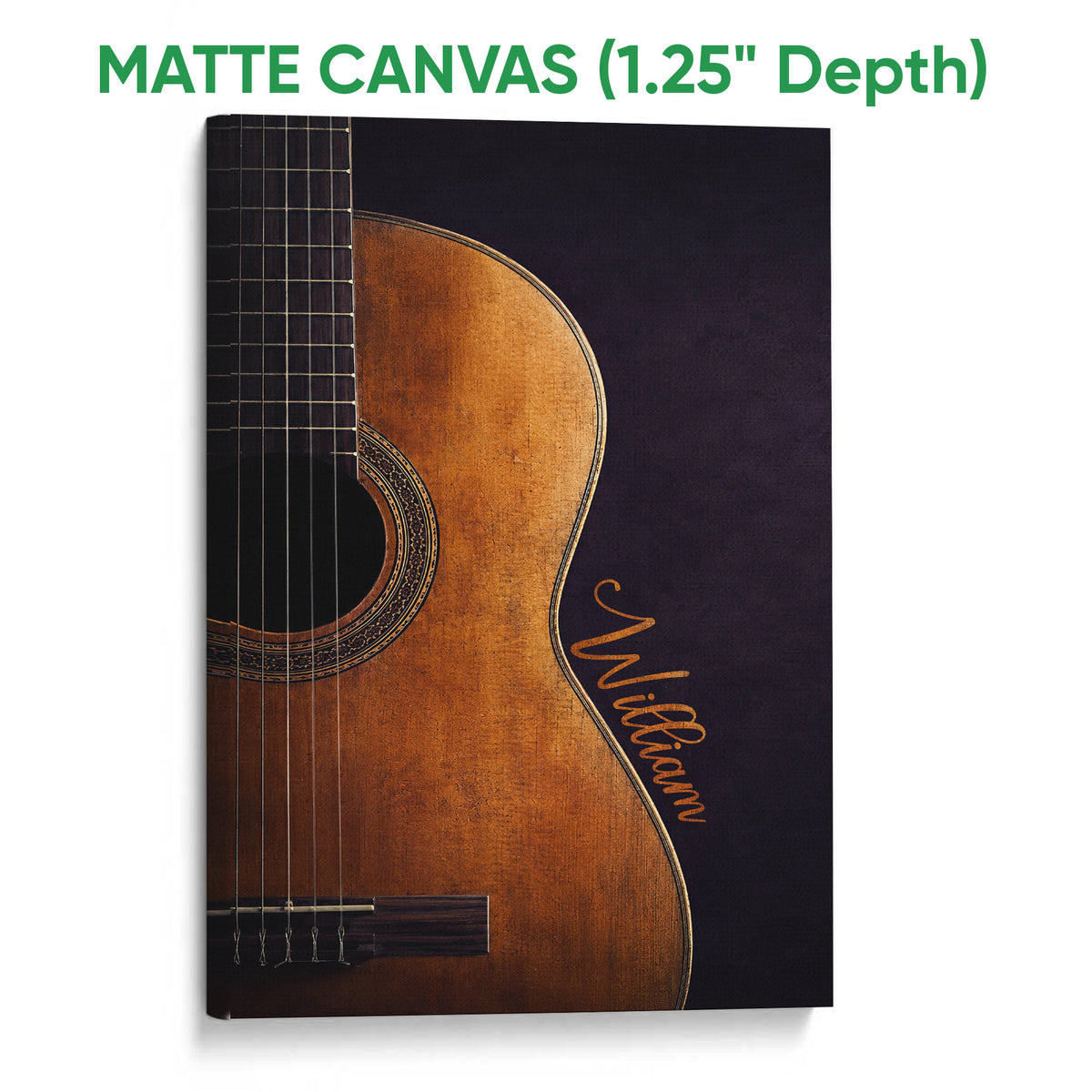 Matte canvas wall art featuring detailed acoustic guitar strings, wood grain and a dark background