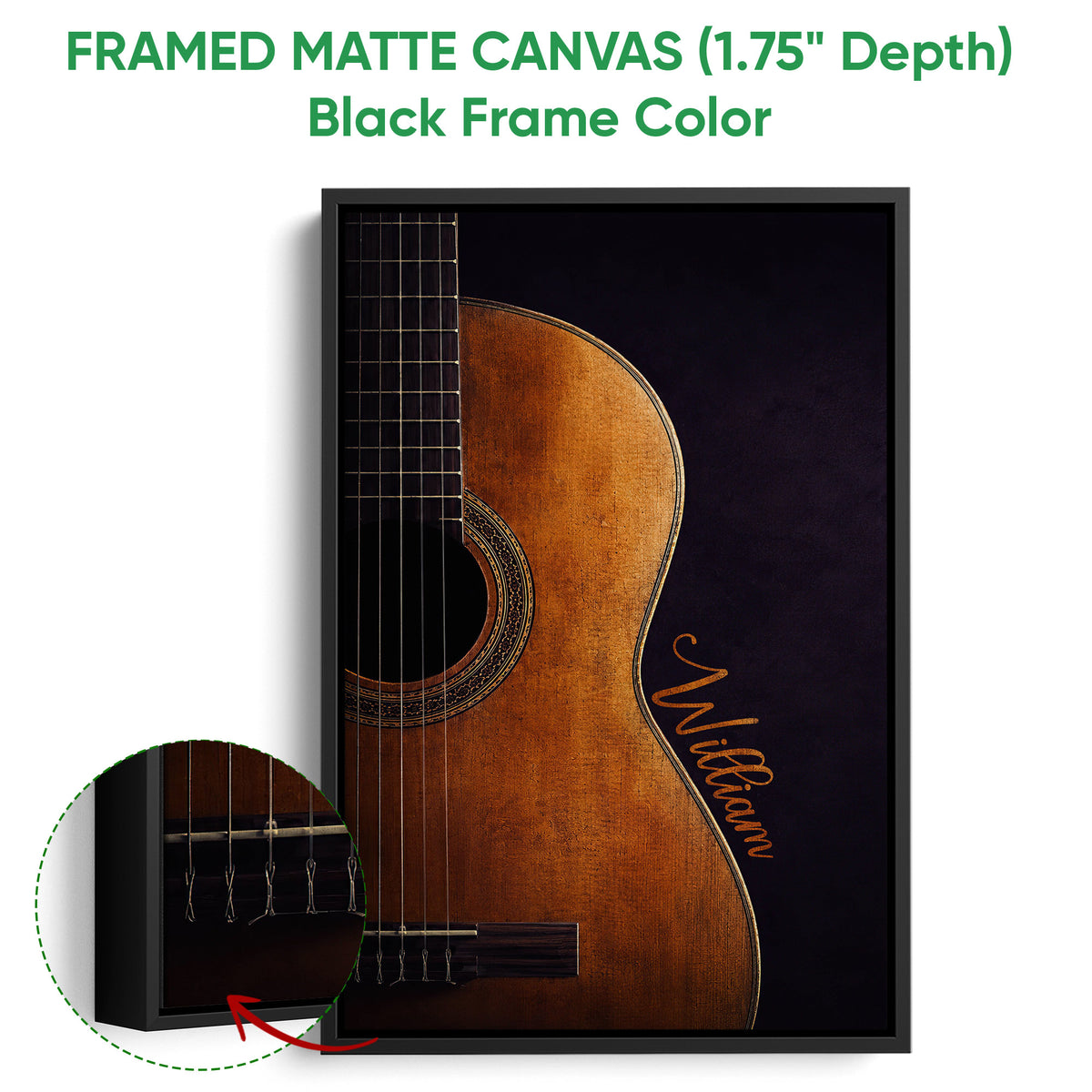Framed matte canvas guitar wall art shown with a black frame and close-up detail