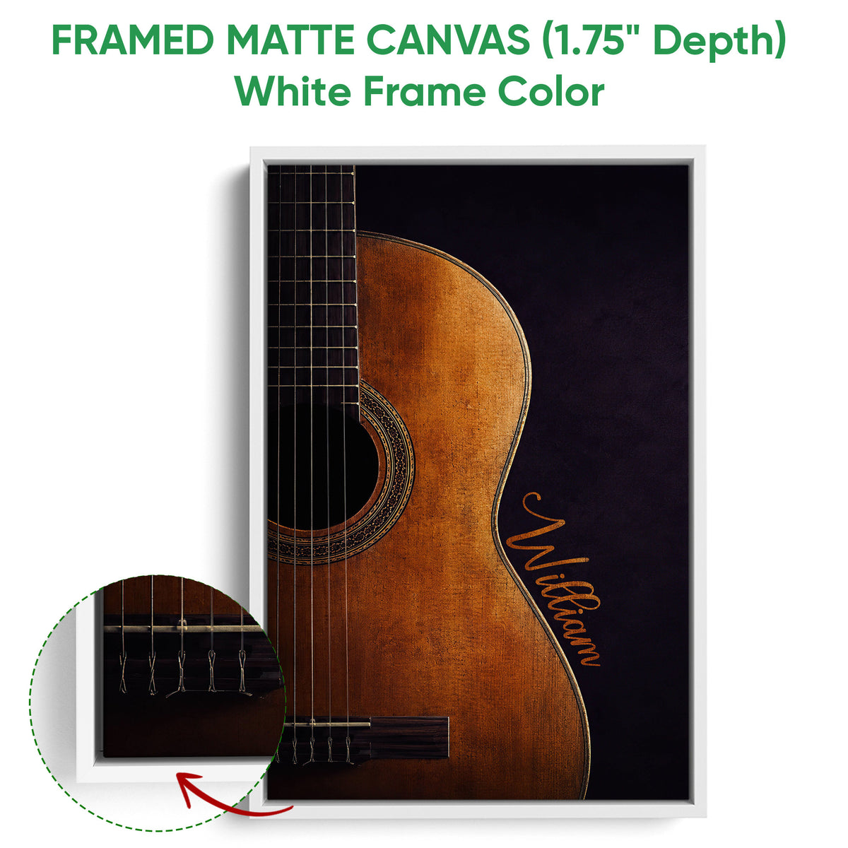Framed matte canvas guitar wall art shown with a white frame and close-up detail