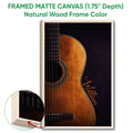 Framed matte canvas guitar wall art shown with a natural wood frame and detailed close-up