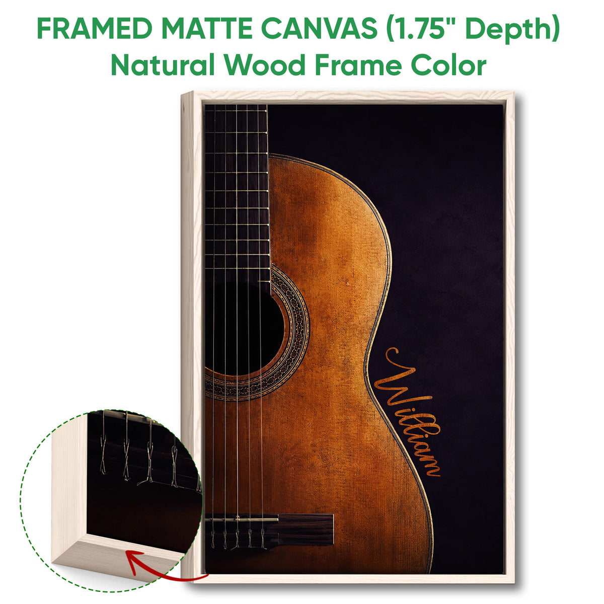 Framed matte canvas guitar wall art shown with a natural wood frame and detailed close-up