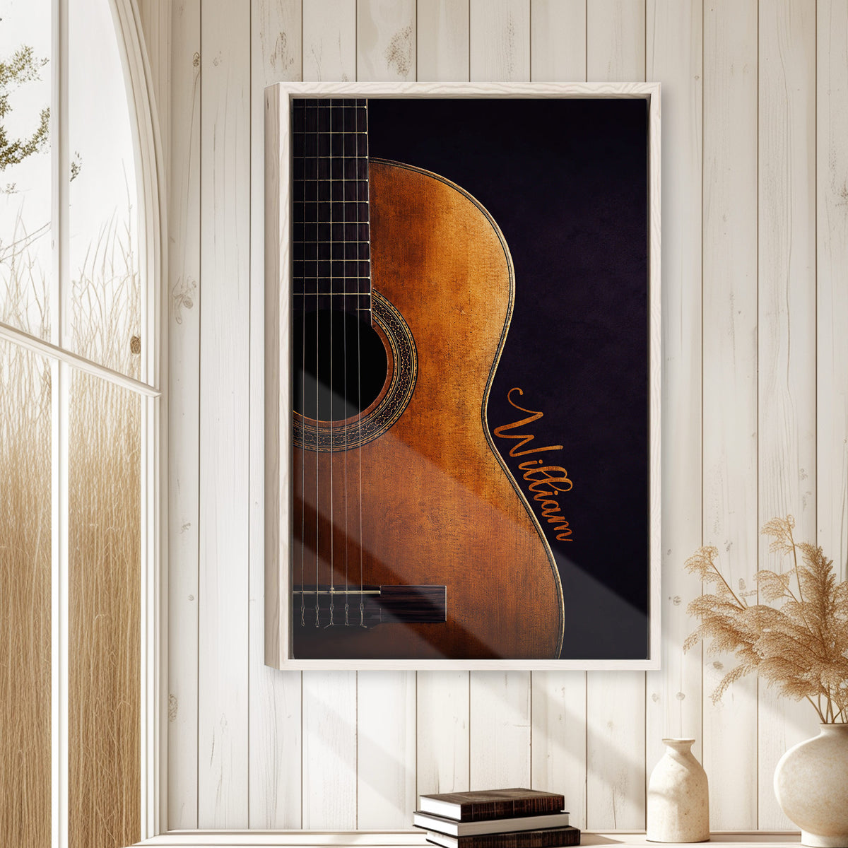 Acoustic guitar wall art displayed in a bright home with white wood paneling and neutral decor