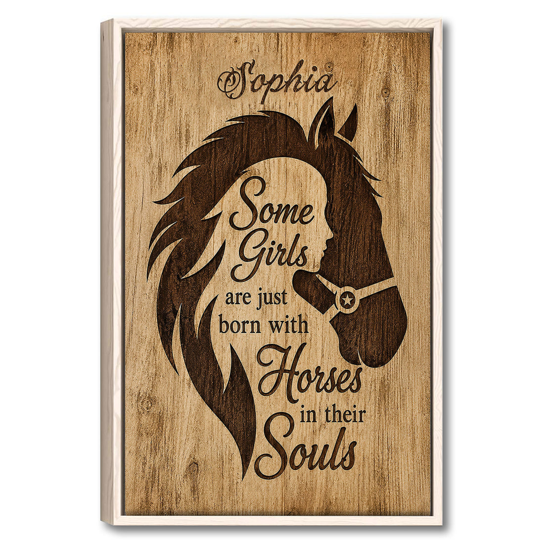 Framed horse wall art with a dark horse silhouette, woman profile, and rustic wood-inspired background