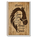 Framed horse wall art with a dark horse silhouette, woman profile, and rustic wood-inspired background