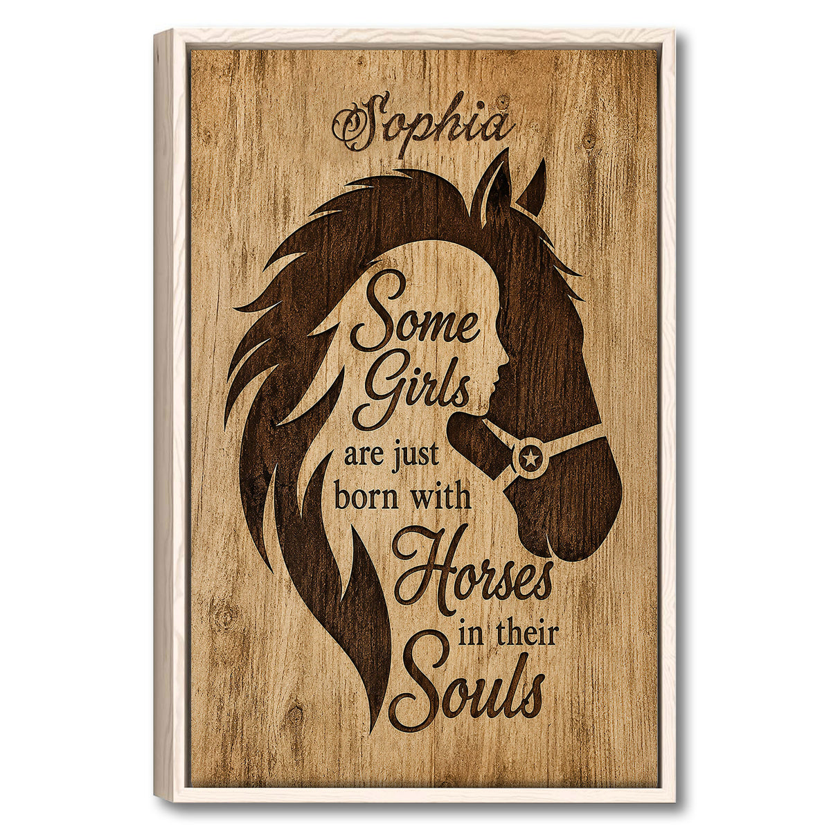 Framed horse wall art with a dark horse silhouette, woman profile, and rustic wood-inspired background
