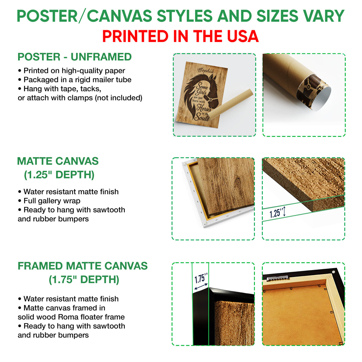 Poster and canvas wall art format guide showing unframed poster, matte canvas, and framed canvas options