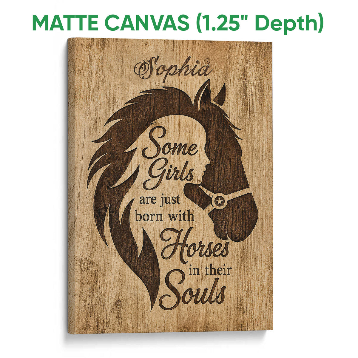 Matte canvas horse wall art with a dark horse silhouette and warm wood-inspired design