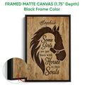Framed horse canvas wall art shown with a black floater frame and rustic brown artwork