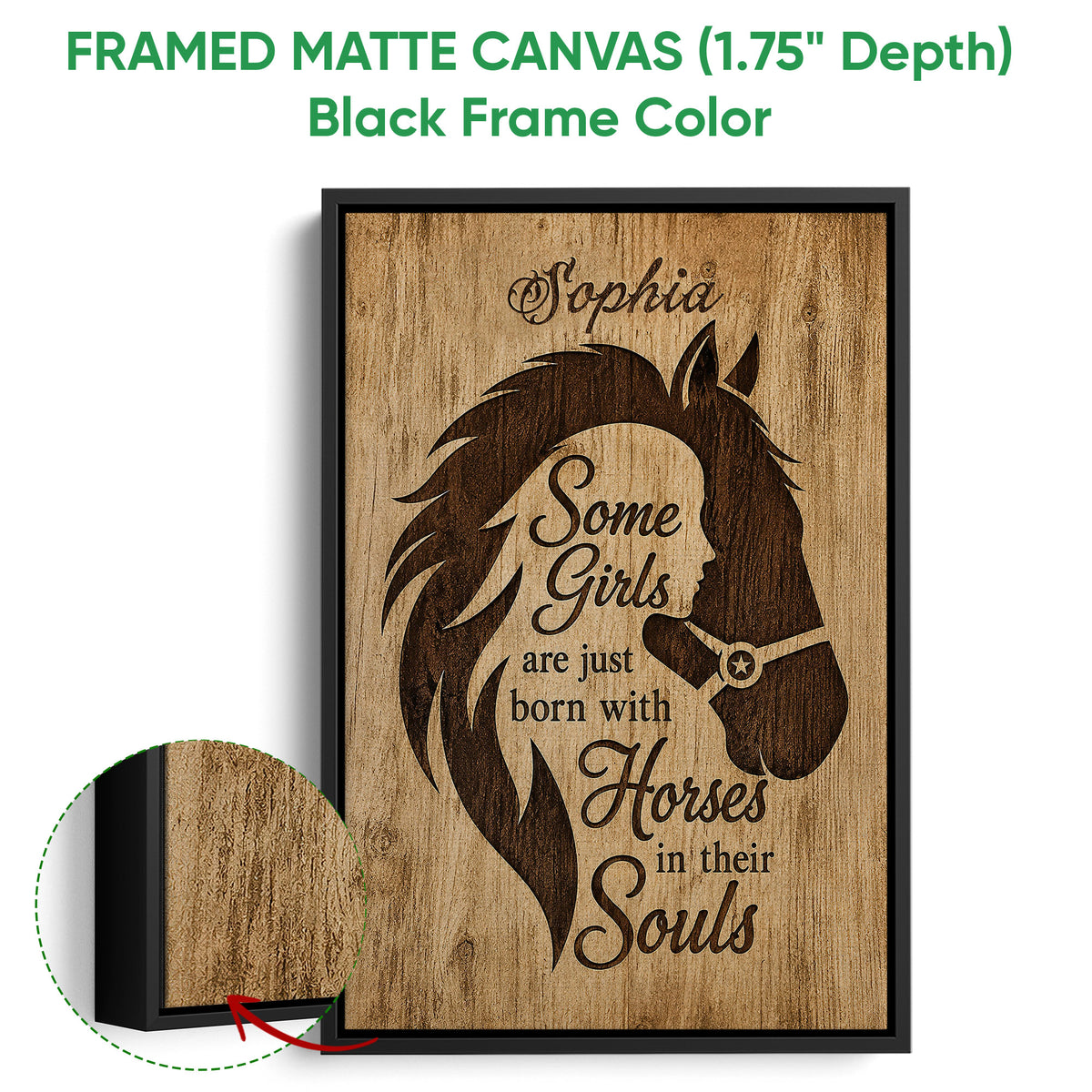 Framed horse canvas wall art shown with a black floater frame and rustic brown artwork