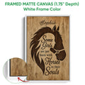 Framed horse canvas wall art shown with a white floater frame and warm wood-inspired artwork