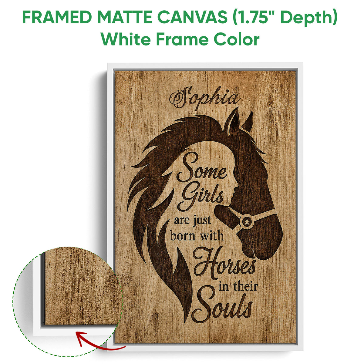 Framed horse canvas wall art shown with a white floater frame and warm wood-inspired artwork