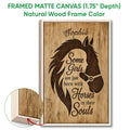 Framed horse canvas wall art shown with a natural wood frame and equestrian-inspired silhouette