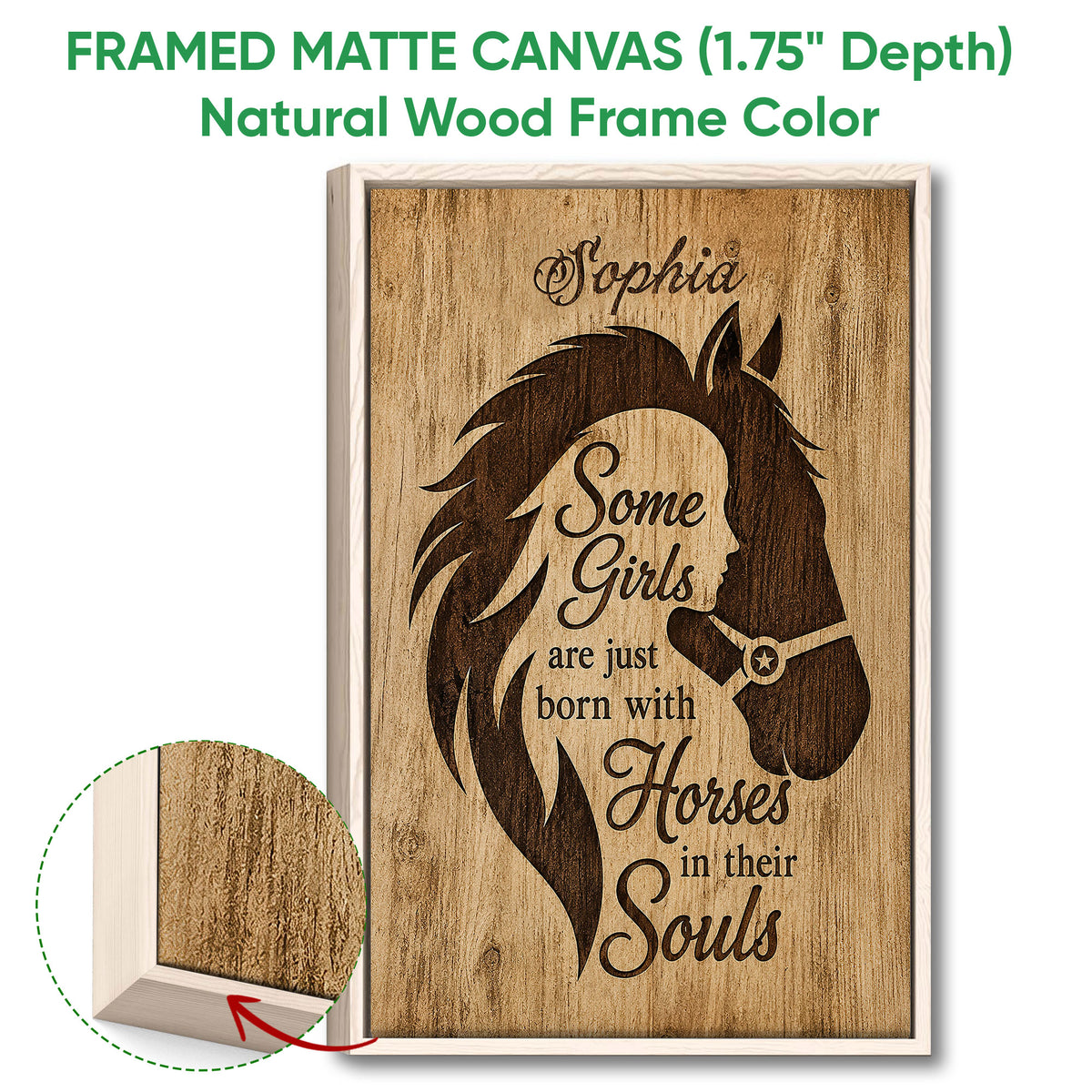 Framed horse canvas wall art shown with a natural wood frame and equestrian-inspired silhouette