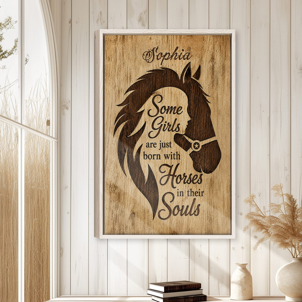 Framed horse wall art displayed in a bright rustic room with white wood paneling and neutral decor