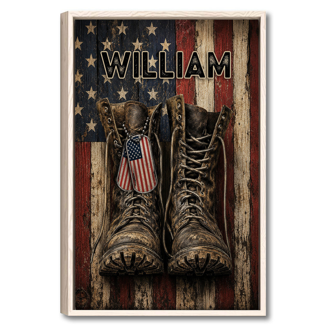 Framed veteran wall art featuring military boots, dog tags, stars, and an American flag background