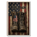 Framed veteran wall art featuring military boots, dog tags, stars, and an American flag background